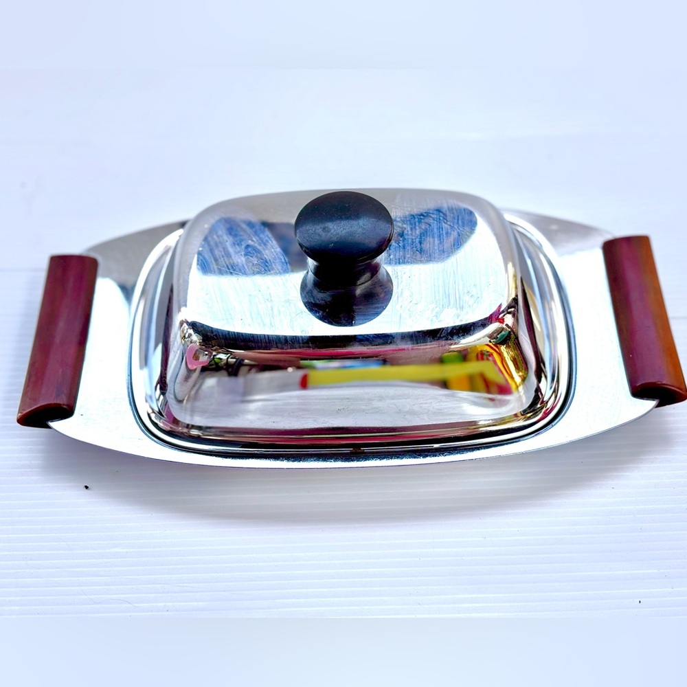 Mid Century Chrome Butter Dish Bakelite Handles